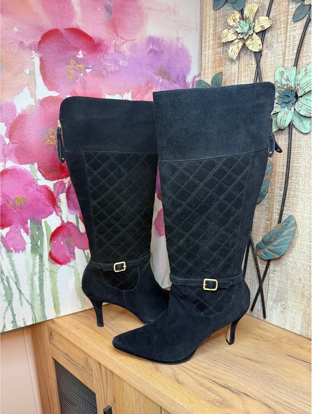 Adrienne Vittadini Women's Black Suede Knee-High Boots 9.5M